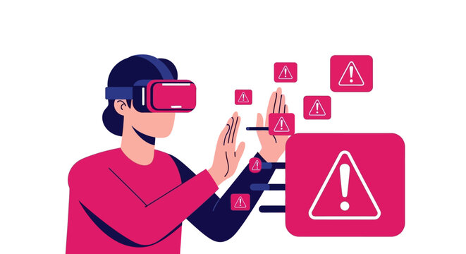 Virtual Reality Security Risk and System Error Illustration: Woman with VR Headset Facing Multiple Warning Alerts and Digital Information Overload