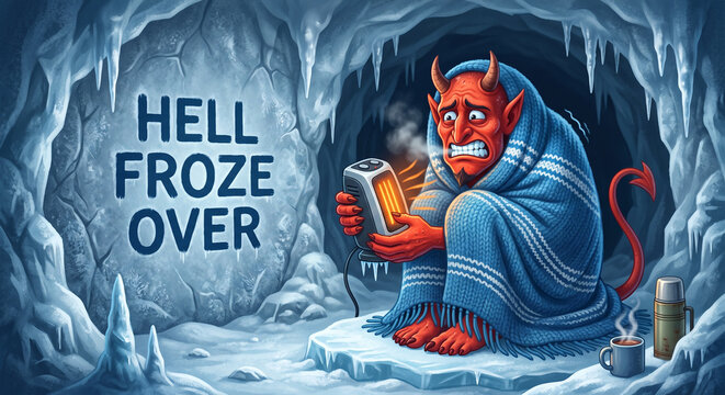 Anthropomorphic red devil with freezing mood wrapped in a blue knitted blanket warming up beside a tiny electric heater featuring "HELL FROZE OVER" against an icy cave background