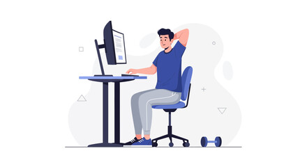 Fototapeta premium Man Working on Computer While Maintaining Healthy Lifestyle Balance with Dumbbells