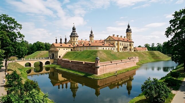 Majestic palace with moat and gardens in summer.