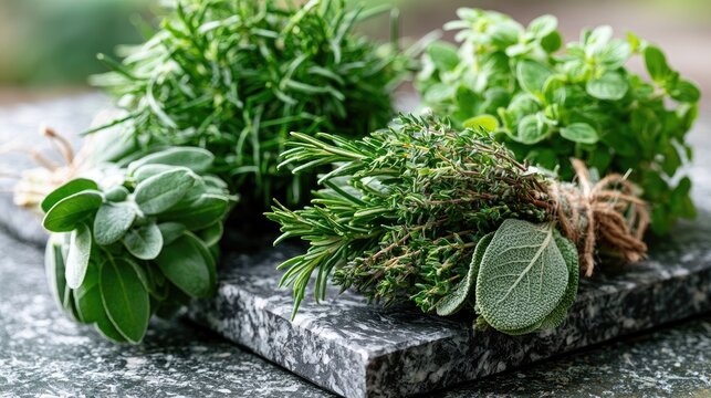 Freshly harvested aromatic herbs bundled on a mottled stone surface, close-up