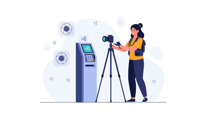 Photographer Captures Self-Service Kiosk with Camera and Tripod, Illustrating Technology and Modern Life