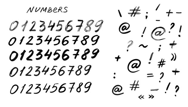 Hand-drawn numbers and punctuation symbols in various brush styles. Ideal for creative projects, packaging, and editorial design