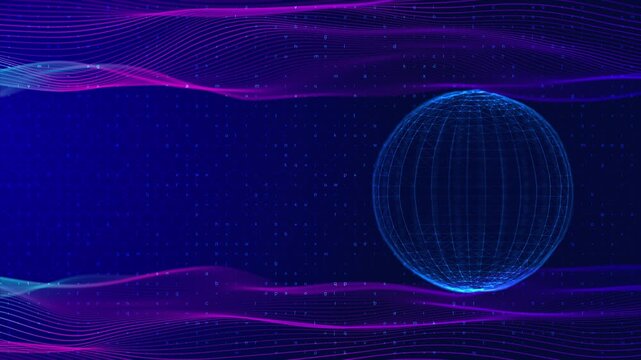 Magenta data wave globe visual with blue wire sphere, flowing ribbon lines, and dark digital symbol field. Perfect for AI videos, technology titles, network promos, and overlays.