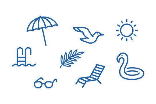 Line style illustrations depicting a beach umbrella bird sun pool foliage eyewear chair and flamingo