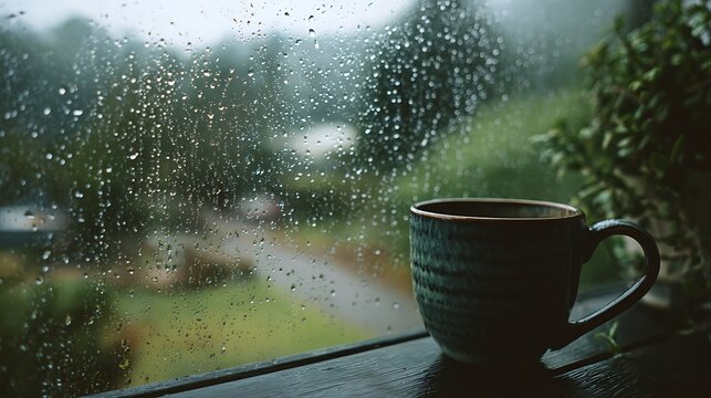 Hot coffee cup on a rainy day looking through a window