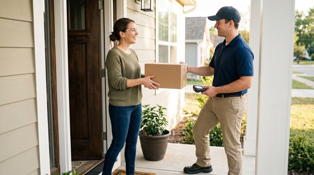 Delivery person hands package to happy woman at front door of house