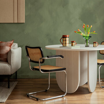 Stylish dining area with modern table, chairs, and fresh flowers, perfect for contemporary interior design concepts
