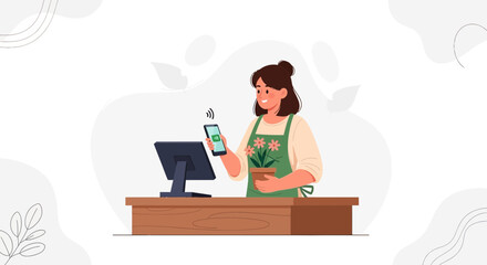 Fototapeta premium Smiling florist using smartphone for contactless payment at counter with POS terminal and potted plant