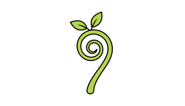 Curled green spiral plant stem with two leaves in a stylized vector design representing nature and growth.
