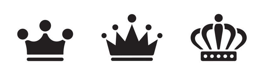 Three black crown icons on transparent background representing royalty and authority symbols. © Mukti