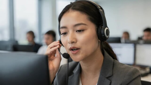 Focused shot of an agent speaking into a headset blurred coworkers in the backdrop managing incoming customer calls illustrating inbound queues.