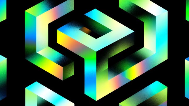 Abstract 3D impossible geometry block loop with noise texture and neon gradient color on black background cyber graphic element