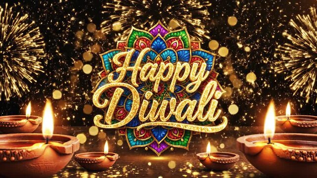 Traditional Diwali Rangoli with lit diyas and candles.