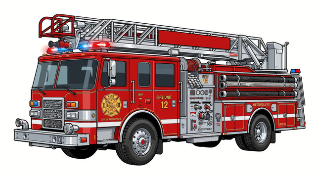 Red Fire Truck Isolated on White Background for Emergency Rescue, Firefighter Safety, Fire Department, Transportation and Fire Engine Concept