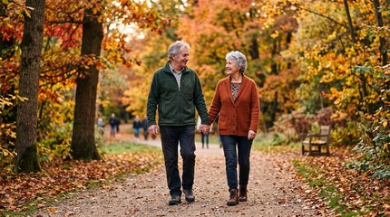Fototapeta premium Elderly Couple Holding Hands Walking on a Leaf Covered Path in Autumn Forest