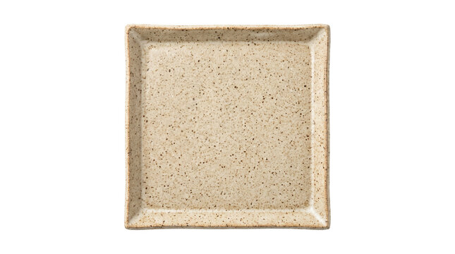 Empty square beige ceramic plate with speckled pattern isolated on transparent background png.