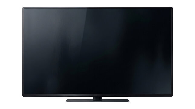 Front view of large smart led tv monitor with thin bezel and minimalist stand for digital media display.