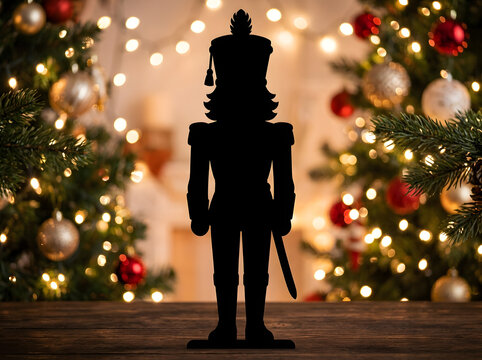 Festive Christmas Nutcracker Silhouette with Bokeh Fairy Lights and Holiday Decorations