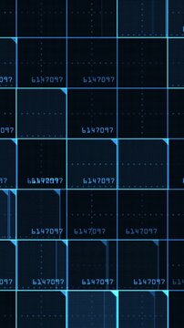 Abstract digital search interface background, shifting square grid elements suggesting file lookup or data retrieval, vertical orientation for mobile devices, 4K 24p