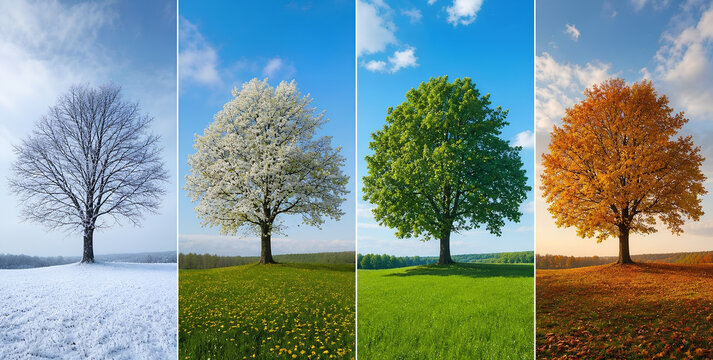 Four seasons collage of a single tree in winter, spring, summer, and autumn. Seasonal cycle transition landscape banner with snowy winter, blooming spring, green summer, and golden autumn tree.