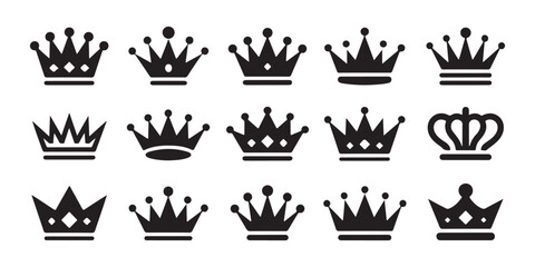 Royal crown icons collection in black color for noble branding elements on transparent pattern. © Mukti