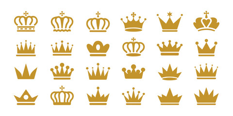 Golden crown vector icons set for premium luxury brand design on isolated transparent background. © Mukti