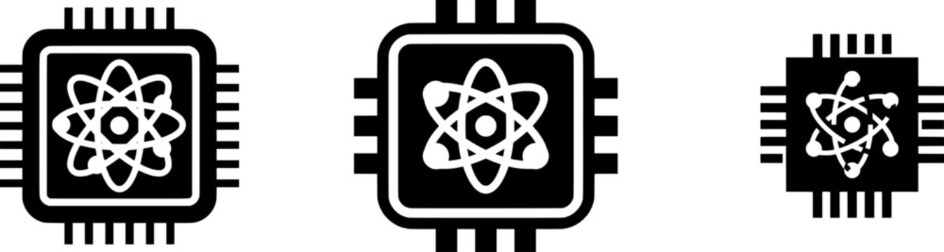 This minimalist black-and-white icon features an abstract atomic structure integrated into a generic microchip silhouette, rendered in clean lines with no shadows on a solid white background