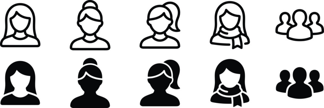 Female user avatar and group line and fill icon set. including woman with long hair, hair bun, ponytail, scarf, and group profile vector illustration.
