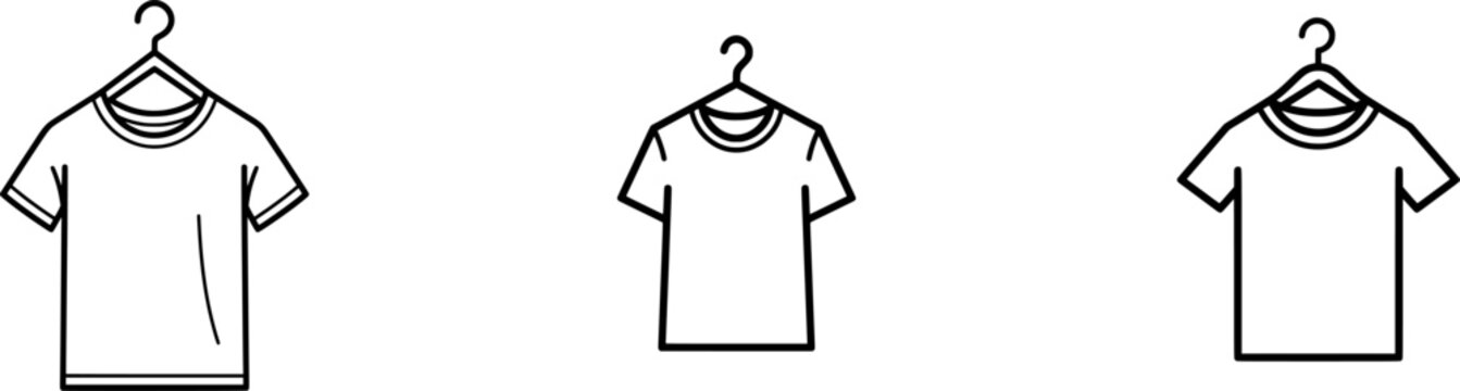 A minimalist black and white 2D flat vector icon of a clothes hanger holding a plain t-shirt, showcasing a minimalism lifestyle with clean lines and basic forms on a solid white background