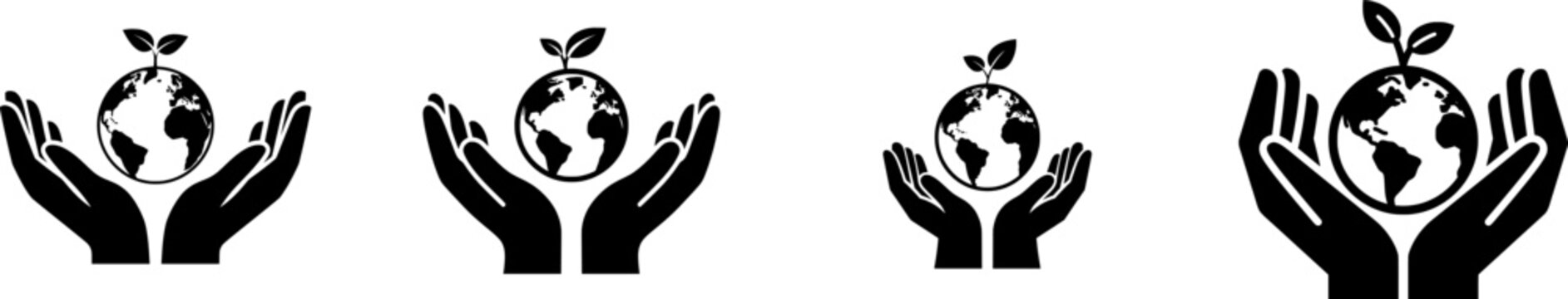 A minimalist black and white vector icon of two hands gently cupping a globe adorned with a tiny leaf, symbolizing proactive climate action in a clean, sharp design on a solid white background