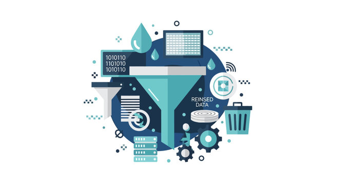 Flat Vector Illustration for Data Refinement, Information Filtering, and Big Data Processing with Funnel, Database, and Gear Icons