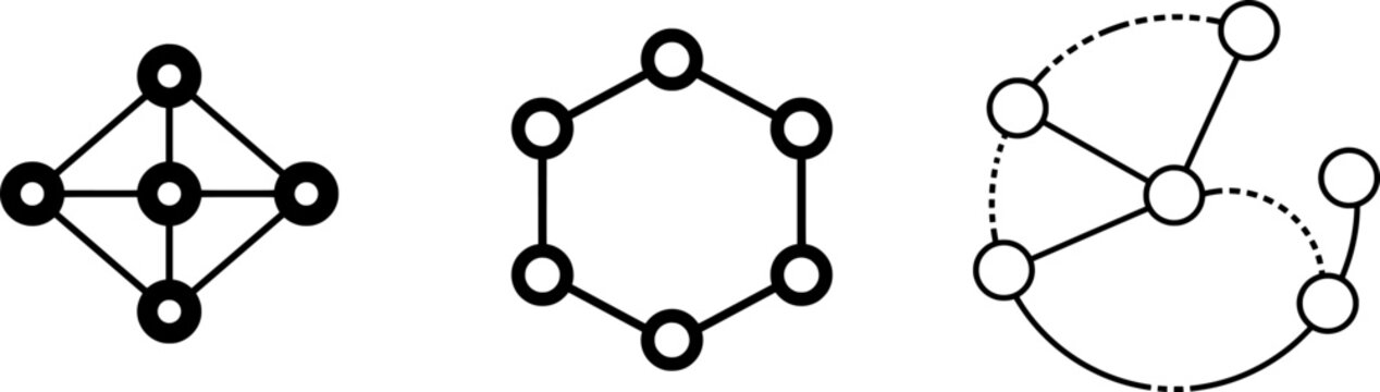 A minimalist black and white vector icon depicts decentralized networking through five simple node dots connected by clean lines in an open loop web, showcasing a clean commercial design with ample