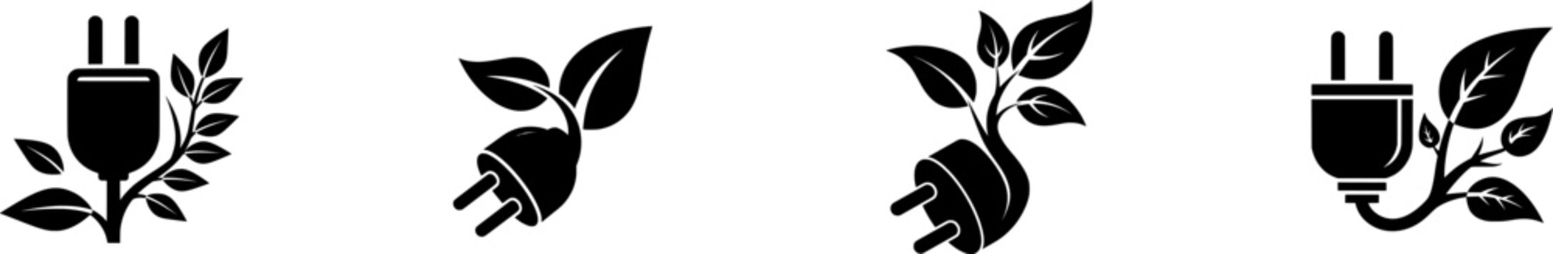 A minimalist black and white icon of an electrical plug morphing into a leaf branch symbolizes the global transition to alternative energy sources in a clean, modern design with ample copy space for