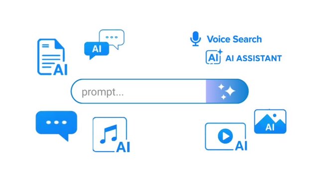 AI Assistant Icon Collection Animation with Chat, Voice Search, Music and Video Features on White Background