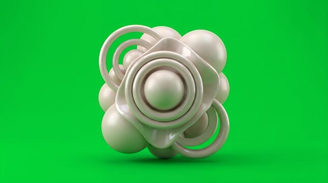 Futuristic abstract white 3D geometric sculpture with glossy spheres and rings on a bright green background