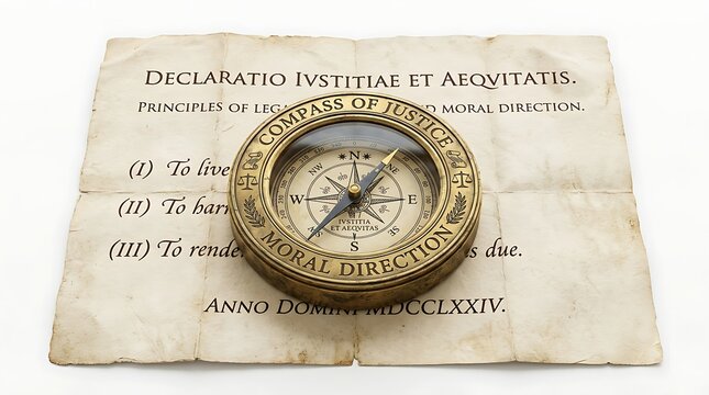 Vintage brass compass on old parchment paper. Antique navigation tool for finding direction.