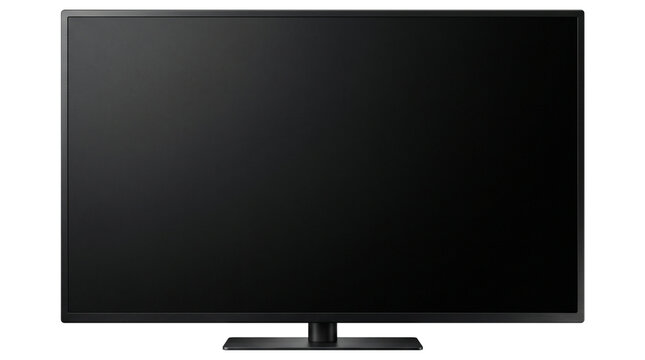 Modern black smart television with stand showing blank screen for display isolated on transparent background png.