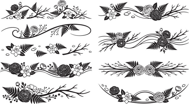 Ranunculus Flower and Fern Leaf Line Art Page Borders Botanical Dividers Set