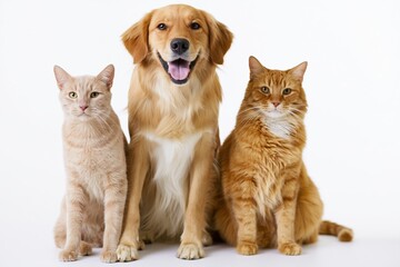 Fototapeta premium The Golden Retriever and Two Cats Studio Portrait in Bright White Background