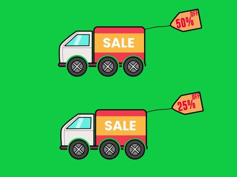 a truck that is moving forward with the word 'sale' on the side and carrying a flying discount tag with a string
