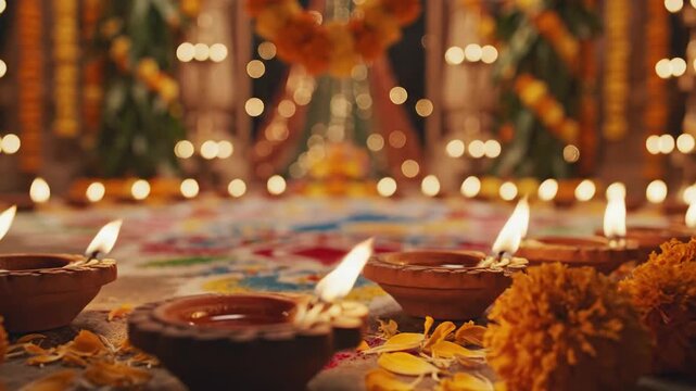 Traditional Indian festival decorations with oil lamps and marigold garlands