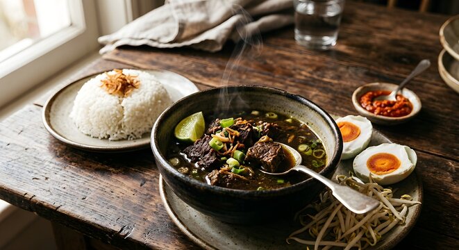 Rawon Daging Sapi Hitam Khas Jawa Timur dengan Nasi, Telur Asin dan Tauge