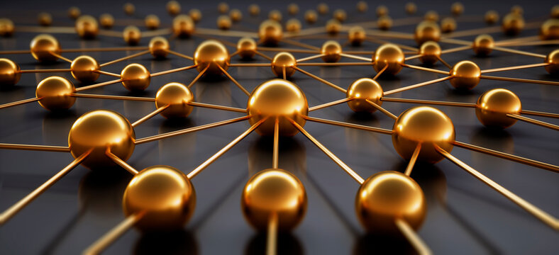 Golden sphere network structure on dark background - abstract design connection design - 3D illustration