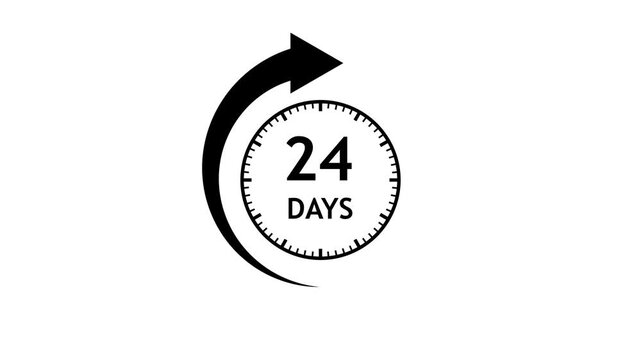 Circular arrow symbol showing 24 days with clock face icon in black and white cinematic motion