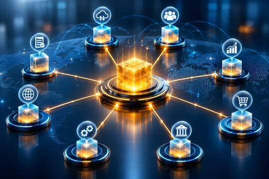 Global digital ecosystem network concept with a central glowing core connecting to business management icons over a futuristic world map