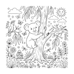 Floral Ornament With Koala Butterflies And Australian Wildlife Line Art