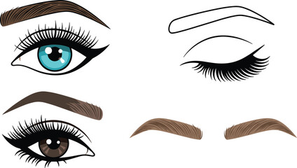 Fototapeta premium Female Eyebrow Shape and Eye Makeup Vector Icon Set Featuring Microblading Micro-shading Mapping Closed and Open Eyes for Beauty Salon Branding