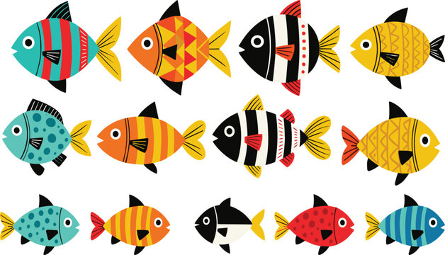 Colorful Cartoon Fish Collection with Stripes, Spots, Geometric Patterns and Decorative Ocean Designs