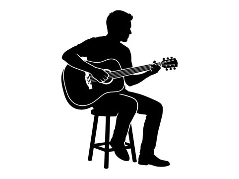 Silhouette of a man sitting on a stool and playing an acoustic guitar, artistic musical performance vector illustration